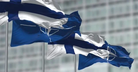 Seamless loop in slow motion of Finland and NATO flags waving Stock Footage 238520464