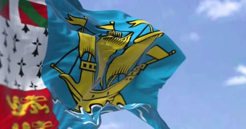 Seamless loop in slow motion of the flag of Saint Pierre and Miquelon waving Stock Footage 195325285