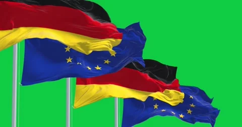 Seamless loop in slow motion of Germany and the EU flags waving isolated on.. Stock Footage 249878760