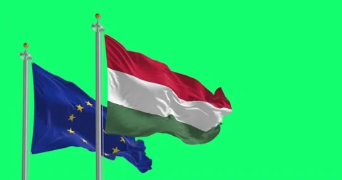 Seamless loop in slow motion of Hungary and the EU flags waving on green ba.. Stock-Footage 235822261