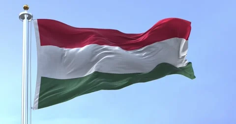 Seamless loop in slow motion of Hungary national flag fluttering on a clear d Stock Footage 240939206
