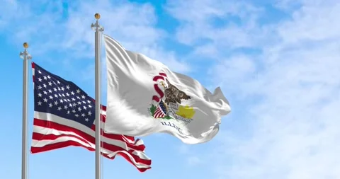 Seamless loop in slow motion of Illinois and US flags waving on a clear day Stock Footage 239639567