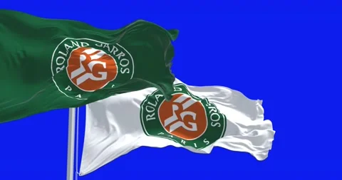 Seamless loop in slow motion of Roland-Garros flags waving on blue background Stock Footage 237159040
