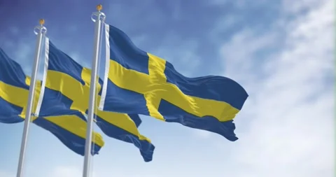 Seamless loop in slow motion of three Sweden flags waving on a clear day Stock Footage 238826271
