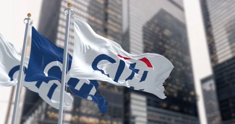 Seamless loop in slow motion of three Citi flags waving in a financial distri Stock Footage 239648978