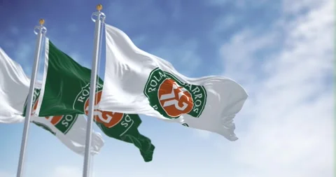 Seamless loop in slow motion of Three Roland Garros flags waving Stock Footage 240232884