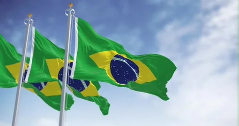 Seamless loop in slow motion of Three Brazil national flags waving Stock-Footage 242492984
