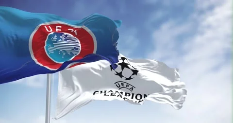 Seamless loop in slow motion of UEFA and UEFA Champions league flag waving Stock-Footage 235822115