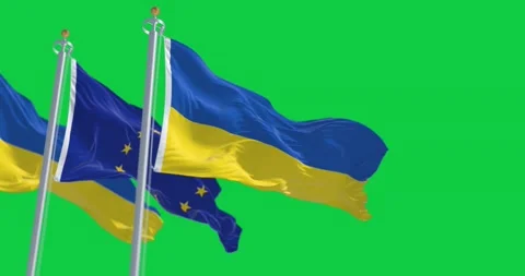 Seamless loop in slow motion of Ukraine and Eu flags waving Stock Footage 237514508