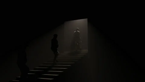 Seamless loop soldiers go up the escalator. Military concept, into battle Stock Footage 238434149