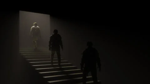 Seamless loop soldiers go up the escalator. Military concept, into battle Stock Footage 240313307