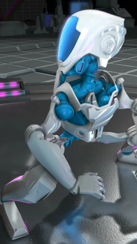 Seamless loop vertical video of a robot twerk dancing in a spaceship interior. Video stock 304212151