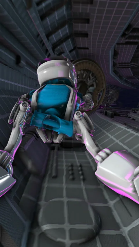 Seamless loop vertical video of a robot flying a spaceship interior. Futuristic Video stock 304214522