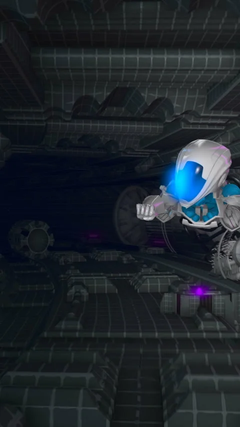 Seamless loop vertical video of a robot flying a spaceship interior. Futuristic Vidéo 304215329
