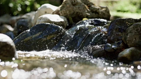 Seamless loop of water splashing over dark river rocks Stock Footage 345730906