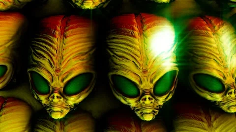 Seamless loopable animation of a group of metal aliens heads Видео 245449404