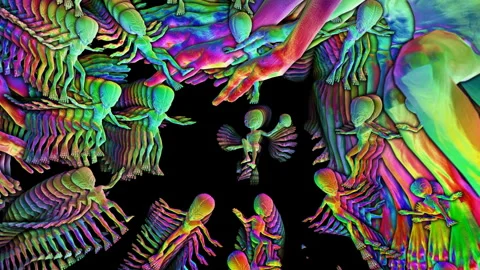 Seamless loopable animation of a group metallic iridiscent aliens floating with Stock Footage 248625199