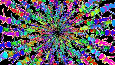 Seamless loopable animation of a rainbow swirl  cartoon aliens dancing 스톡 동영상 260724408