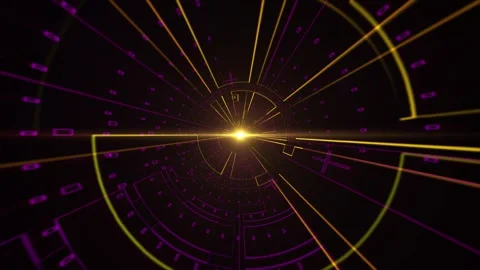 Seamless looped flying through technology tunnel with purple and yellow drawings 스톡 동영상 275020694