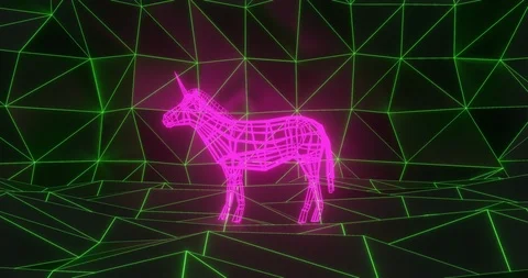 Seamless looped magic idle 3D animation of wireframe unicorn glowing pink Stock Footage