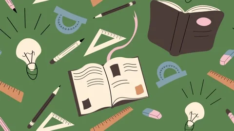 Seamless looping animated hand drawn school supplies pattern on green background Stock Footage 342142251