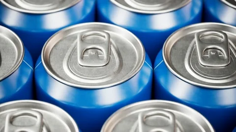 Seamless looping animation of assorted soda cans. Set of many drinks. Close up. Video stock 133477076