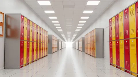 Seamless looping animation of a bright school hallway. Endless rows of lockers. Stock Footage