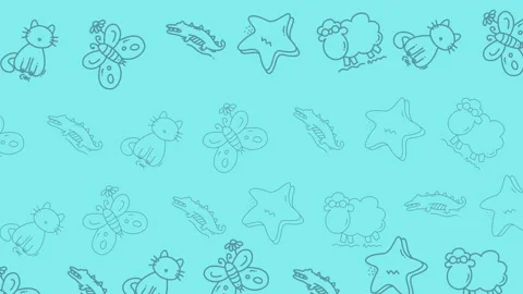 Seamless Looping Animation of Hand-Drawn Cartoon Animals and Stars on Blue .. Stock Footage 328572542