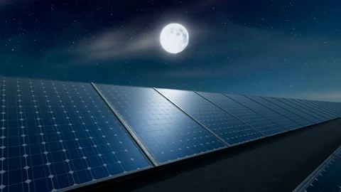 Seamless looping animation of solar panels reflecting moonlight at night. Video stock 201240018