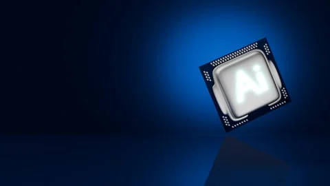 Seamless looping animation of turning AI processor on blue background Video stock 282384638