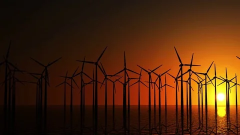Seamless Looping Animatoin of Modern Wind Turbines in the Sea at Sunset Video stock 70107821