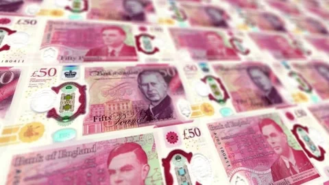 Seamless Looping Fifty Pound Bills Stack - 50 GBP Currency Background Stock Footage 337701209