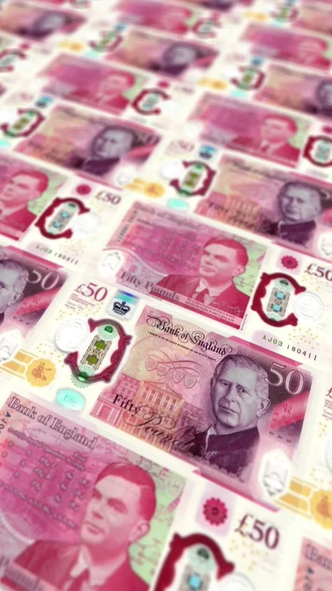 Seamless Looping Fifty Pound Bills Stack - 50 GBP Currency Background Stock Footage 337701231