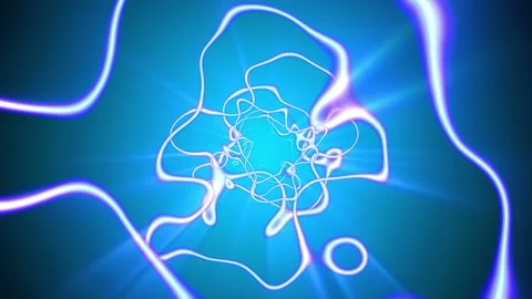 Seamless looping motion background shows glowing abstract elements flying Stock Footage 160607738