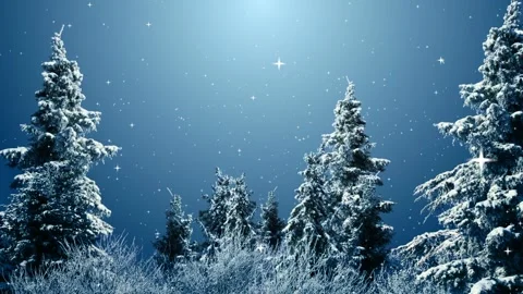 Seamless looping motion background shows frozen spruce trees and falling glowing Stock Footage 160611053
