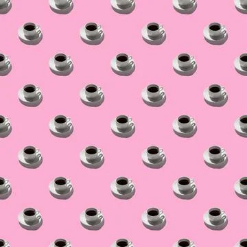 Seamless looping pattern with white coffee cups and espresso. hard shadows on Stock Photos