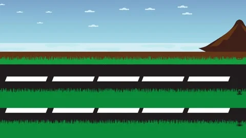 Seamless looping road animation through grassy hills and blue sky background Stock Footage 319678130