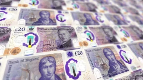 Seamless Looping Twenty Pound Bills Stack - 20 GBP Currency Background Stock Footage 337701158