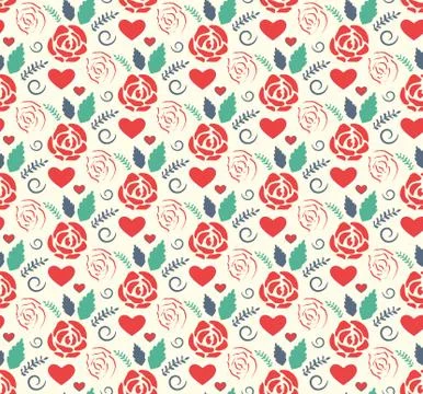Seamless Love Abstract Pattern with Roses Flowers and Hearts on White Stock Illustration
