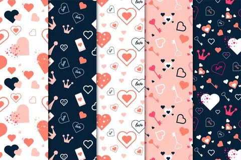 Seamless love pattern background collection on white and dark backgrounds. Si Stock Illustration