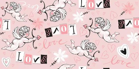 Seamless love Pattern, cupid shooting arrows with heart, flowers, word love.. Stock Illustration