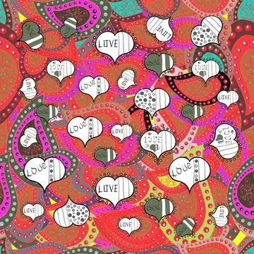 Seamless Love pattern with hand drawn doodle hearts. Elements on brown, white an Stock Illustration