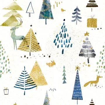 Seamless lovely pattern with christmas trees and cute animals Stock Illustration
