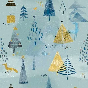 Seamless lovely pattern with christmas trees and cute animals Stock Illustration