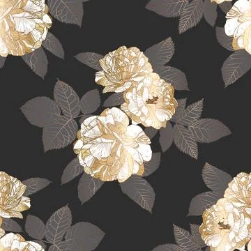 Seamless Luxury Half Drop Pattern with White and Gold Roses and Grey Leaves on Stock Illustration