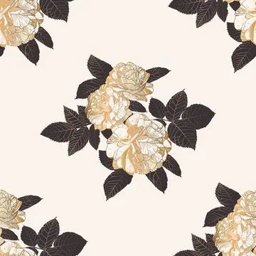 Seamless Luxury Half Drop Pattern with White and Gold Roses and Dark Grey Leaves Stock Illustration