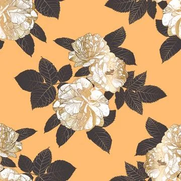 Seamless Luxury Half Drop Pattern with White and Gold Roses and Dark Grey Leaves Stock Illustration