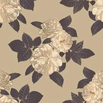 Seamless Luxury Half Drop Pattern of Champagne Khaki and Gold Outline Roses and Stock Illustration