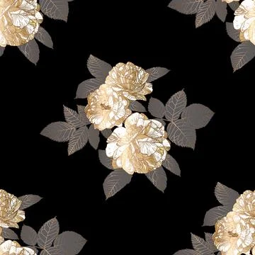 Seamless luxury pattern with white and gold roses and grey leaves on black Stock Illustration