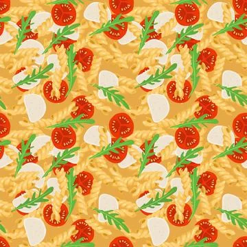 Seamless Macaroni and cheese pattern. Pasta, Tomato, Mozzarella, Green arugula Stock Illustration